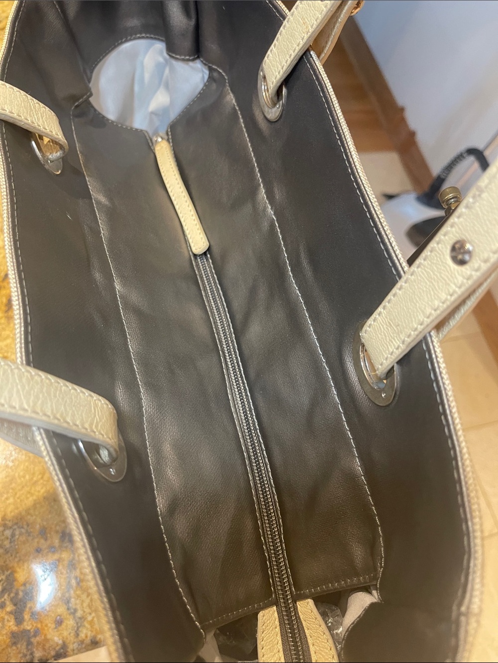 CHANEL Quilted Leather and Canvas Tote - dark gray and Cream - Picture 7 of 14